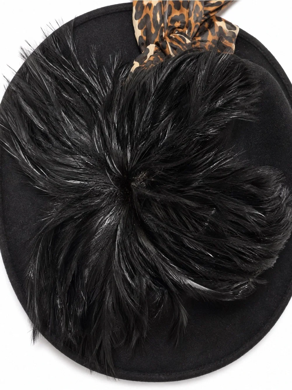 Vintage Mr Charles Michael Howard Black Wool Feather Wide Brim Hat Leopard scarf